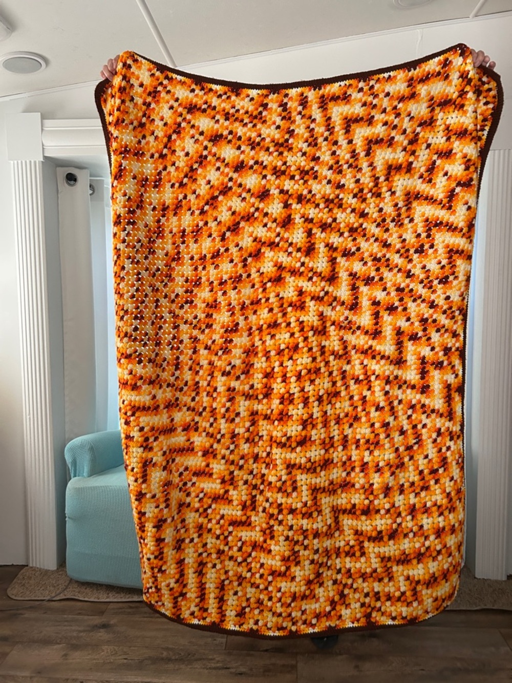 Handmade Crochet Afghan Blanket in Orange/Yellow/Brown 63 x 53 in 5.4#